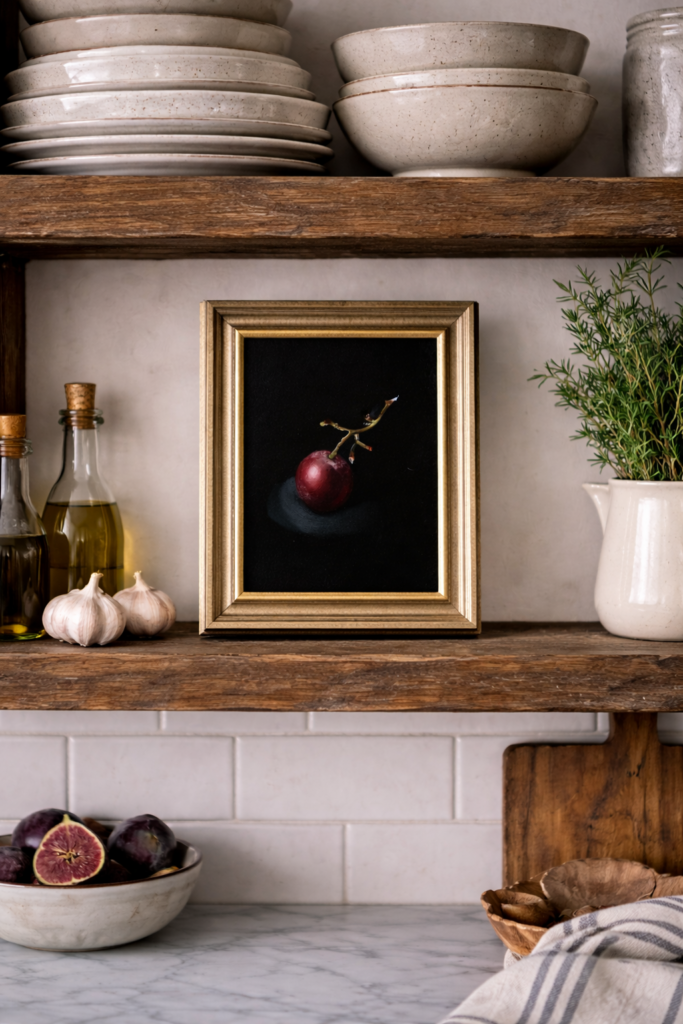 Still Life painting of a single grape and stem