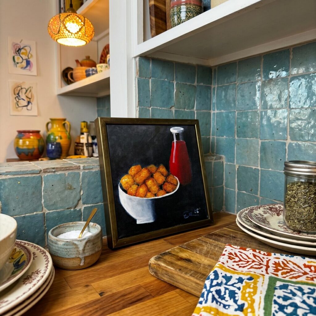 Still life painting of tater-tots in a kitchen
